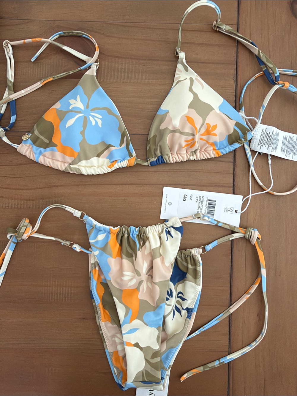 Rhythm Women’s Floral Triangle Bikini - Blue, Orange & Olive Green